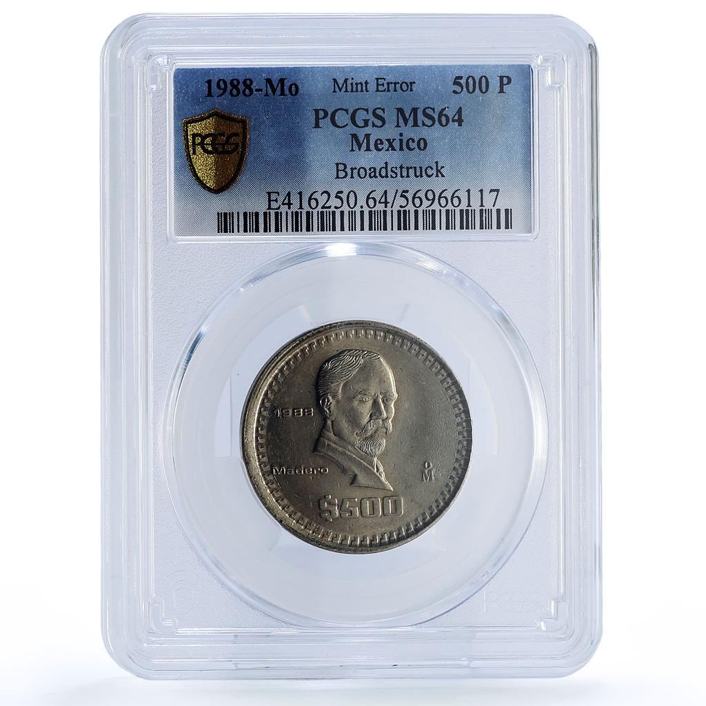 Mexico 500 pesos Republic Mint Error Broadstrike MS 64 PCGS CuNi coin 1988
