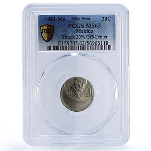 Mexico 20 centavos Republic Mint Error Struck Off-Center MS 63 PCGS coin 1981