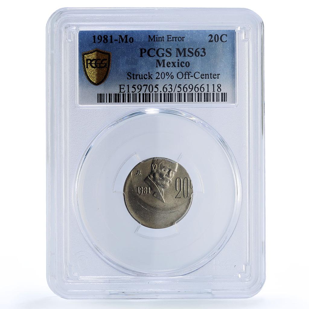 Mexico 20 centavos Republic Mint Error Struck Off-Center MS 63 PCGS coin 1981