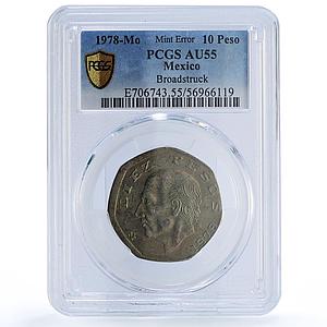Mexico 10 pesos Republic Mint Error Broadstruck AU 55 PCGS CuNi coin 1978