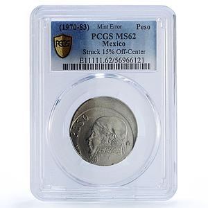 Mexico 1 peso Republic Mint Error Struck Off-Center MS 62 PCGS CuNi coin No Date