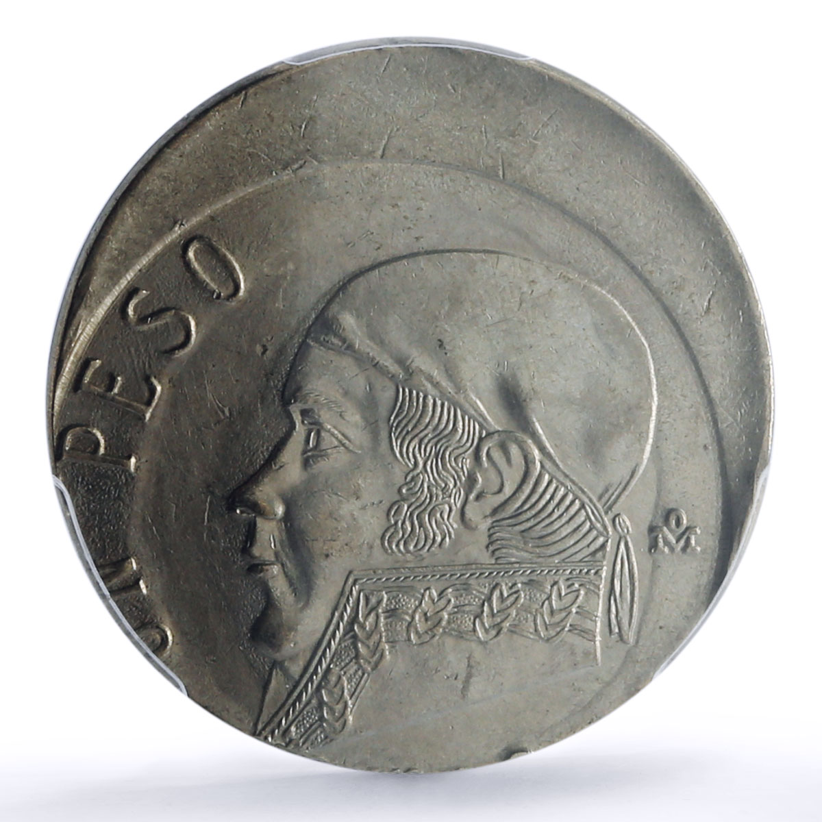 Mexico 1 peso Republic Mint Error Struck Off-Center MS 62 PCGS CuNi coin No Date