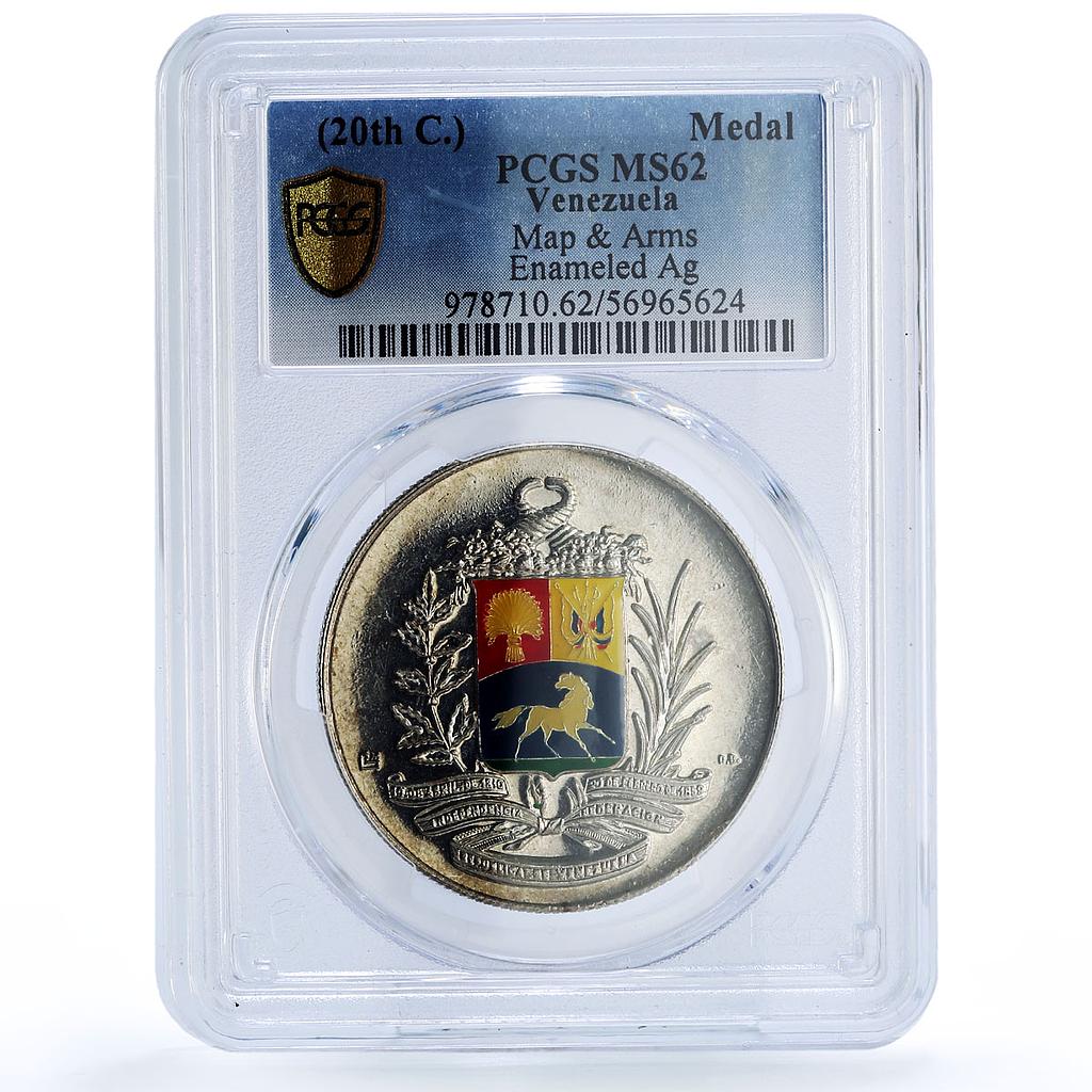 Venezuela Map Coat of Arms Enameled MS 62 PCGS silver medal ND No Date