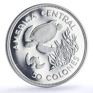 Costa Rica 50 colones Green Turtle Conservation KM-200a proof silver coin 1974