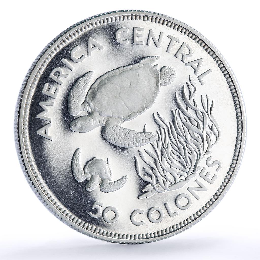 Costa Rica 50 colones Green Turtle Conservation KM-200a proof silver coin 1974