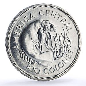 Costa Rica 100 colones Manatee Conservation KM-201 Fauna silver coin 1974