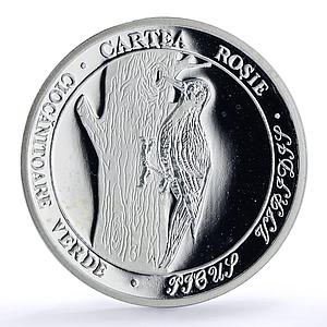 Moldova 10 lei Green Woodpecker Red Book KM-13 Bird Fauna proof silver coin 2001