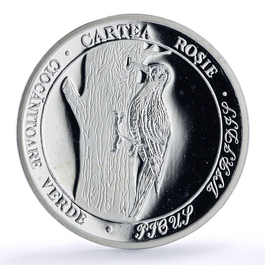 Moldova 10 lei Green Woodpecker Red Book KM-13 Bird Fauna proof silver coin 2001