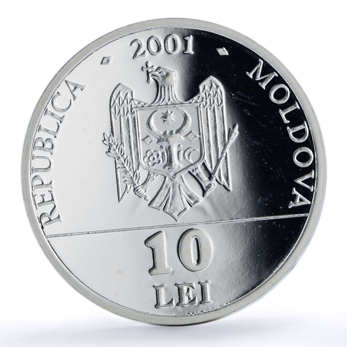 Moldova 10 lei Green Woodpecker Red Book KM-13 Bird Fauna proof silver coin 2001
