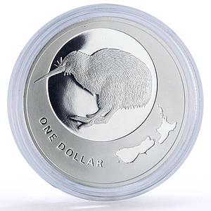 New Zealand 1 dollar Kiwi Map KM-322a Bird Fauna proof silver coin 2009