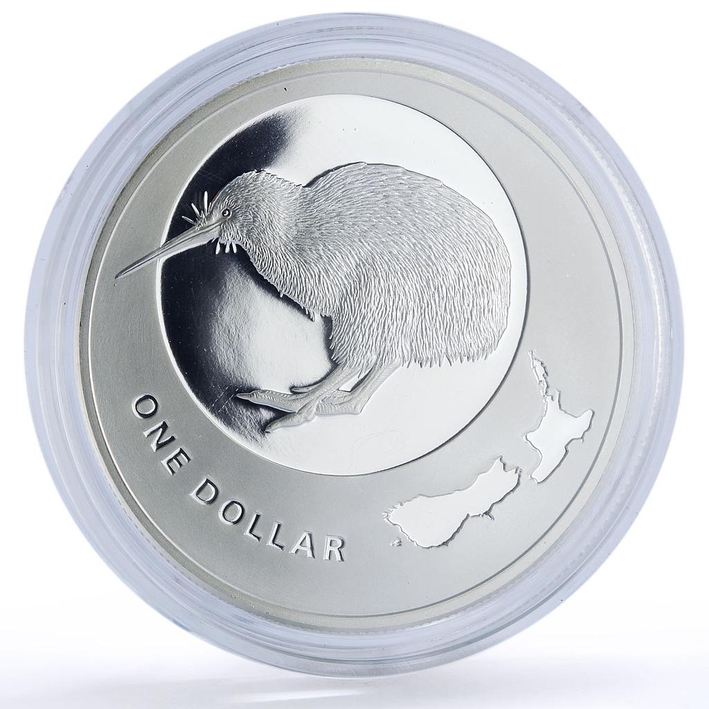 New Zealand 1 Dollar Kiwi Map KM 322a Bird Fauna Proof Silver Coin 2009 New Zealand 1 Dollar Kiwi Map KM 322a Bird Fauna Proof Silver Coin 2009