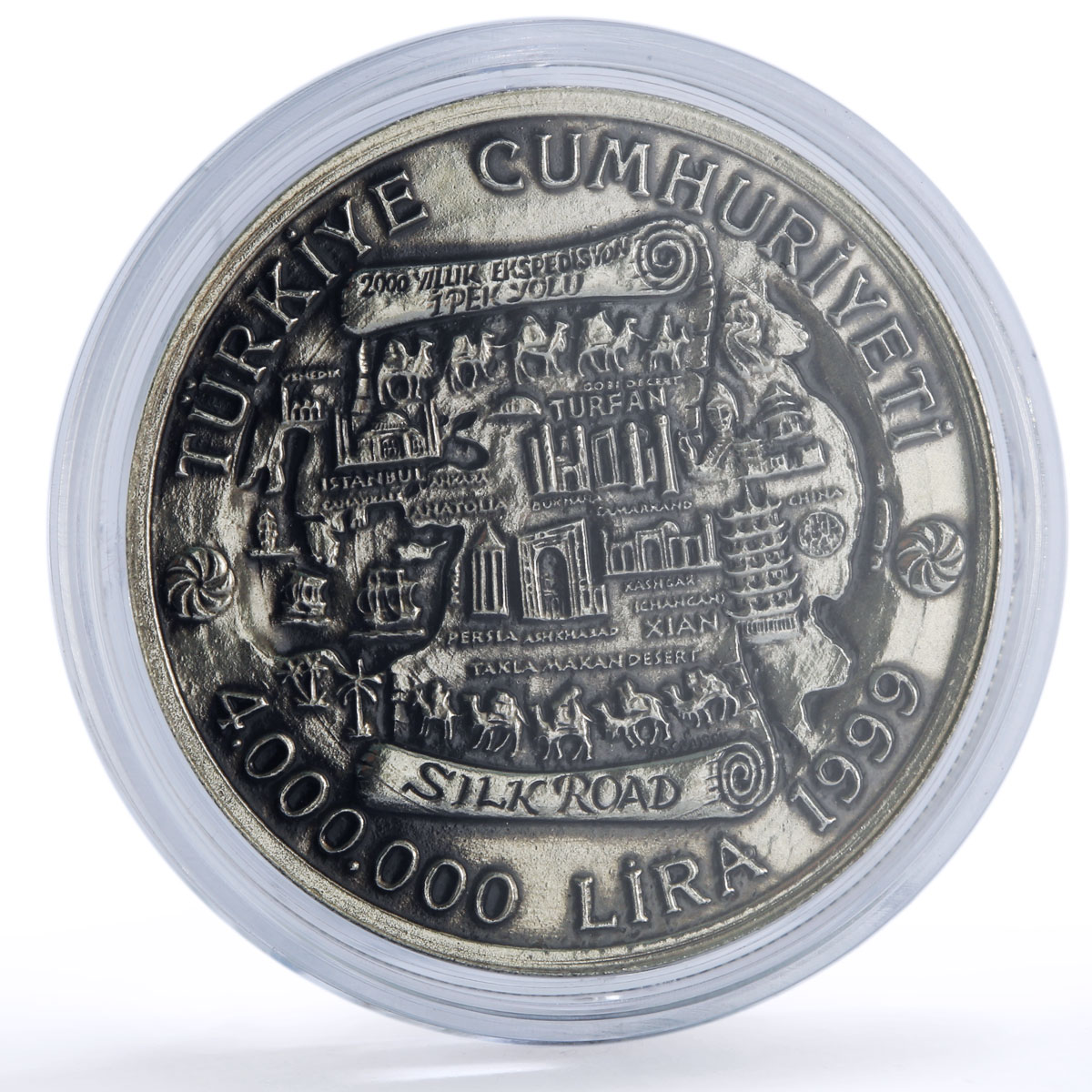 Turkiye 4000000 lira Silk Road KM-1092 Archer Horseman Camels silver coin 1999
