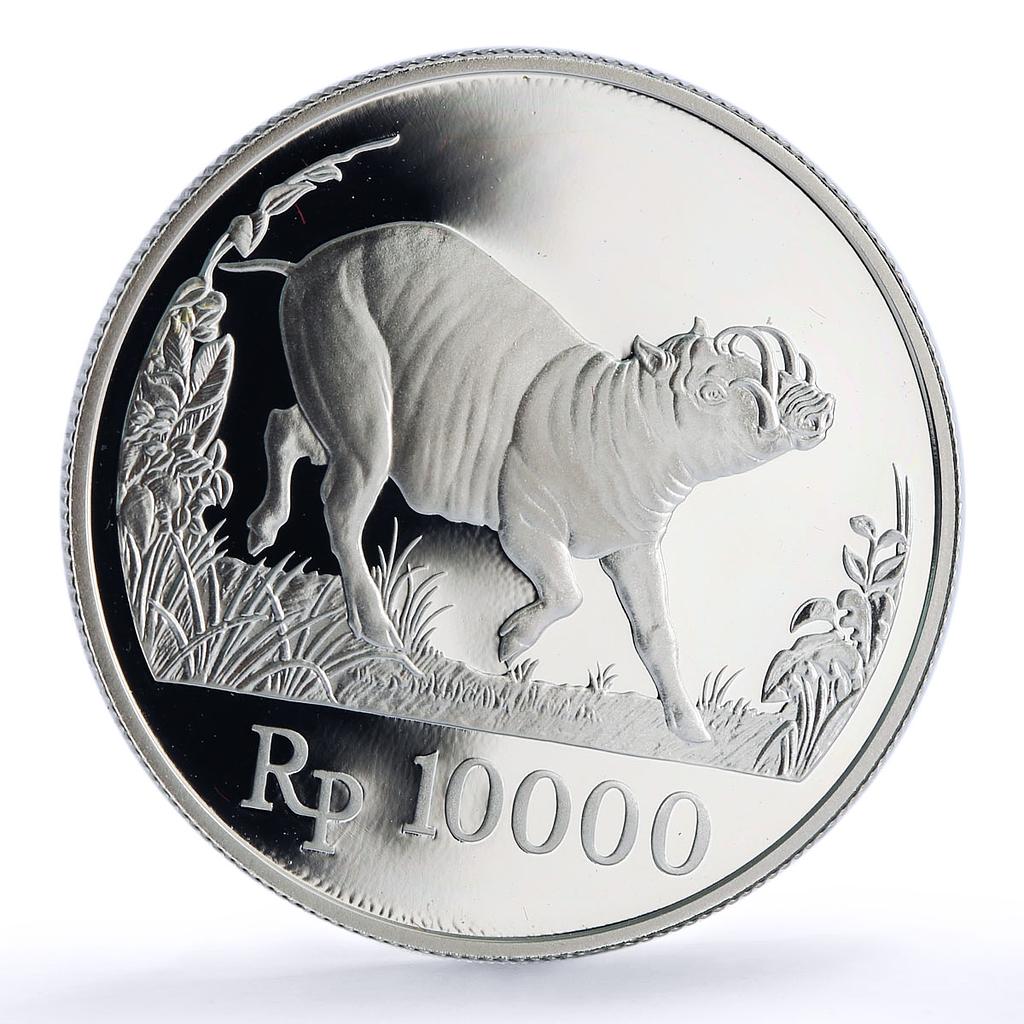 Indonesia 10000 rupiah Babi Rusa Wildlife KM-45 Pig Fauna proof silver coin 1987