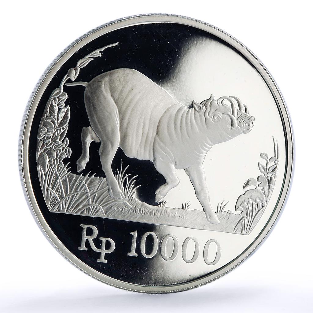 Indonesia 10000 rupiah Babi Rusa Wildlife KM-45 Pig Fauna proof silver coin 1987