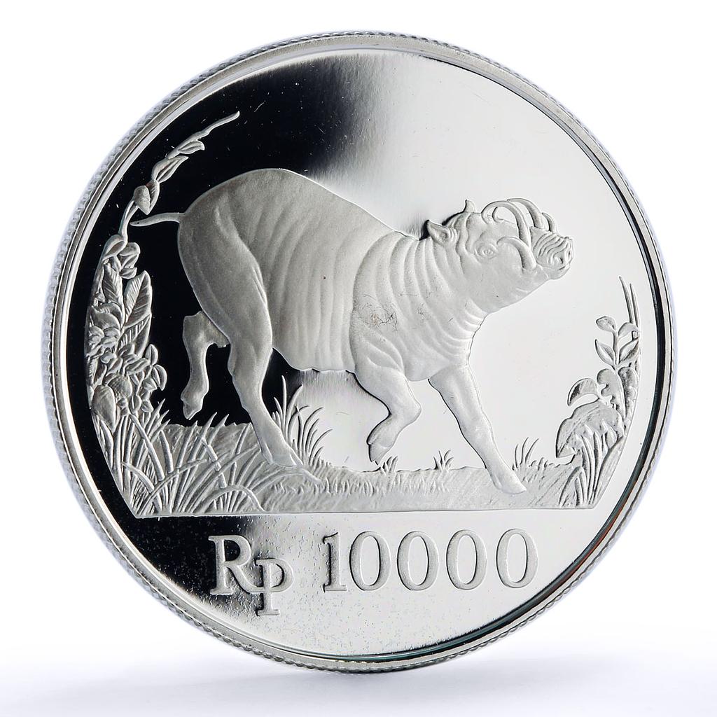 Indonesia 10000 rupiah Babi Rusa Wildlife KM-45 Pig Fauna proof silver coin 1987