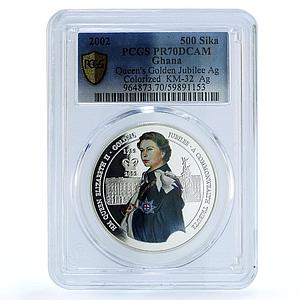 Ghana 500 sika Elizabeth II Golden Jubilee X#32 PR 70 PCGS silver coin 2002