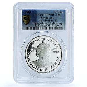 Swaziland 25 emalangeni Sobhuza II Jubilee KM-34 Bird PR69 PCGS silver coin 1981