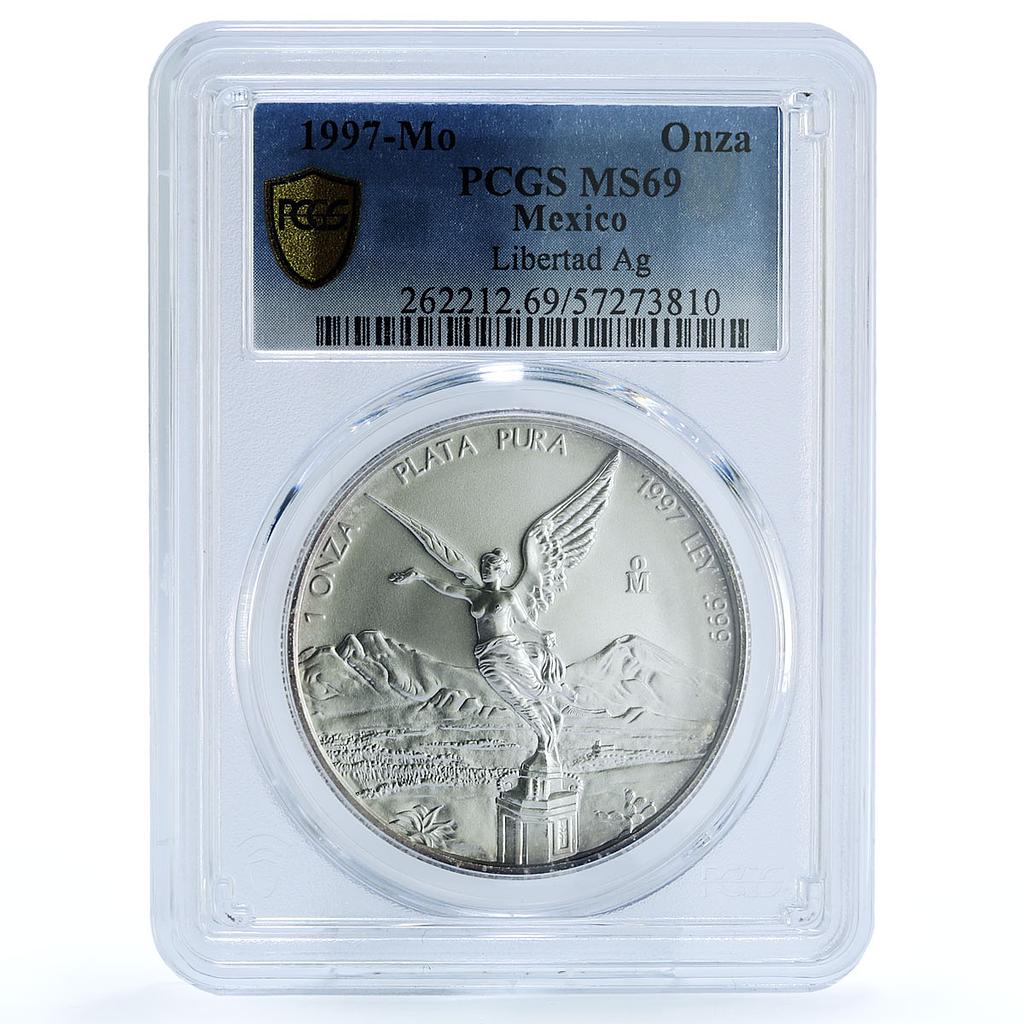 Mexico 1 onza Libertad Angel of Independence KM-613 MS 69 PCGS silver coin 1997 Mexico 1 onza Libertad Angel of Independence KM-613 MS 69 PCGS silver coin 1997