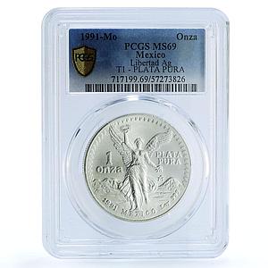 Mexico 1 onza Libertad Angel of Independence KM-494.2 MS69 PCGS silver coin 1991
