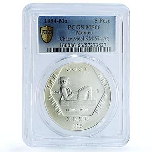 Mexico 5 pesos Chaac Mool KM-574 Precolombina Maya MS 66 PCGS silver coin 1994