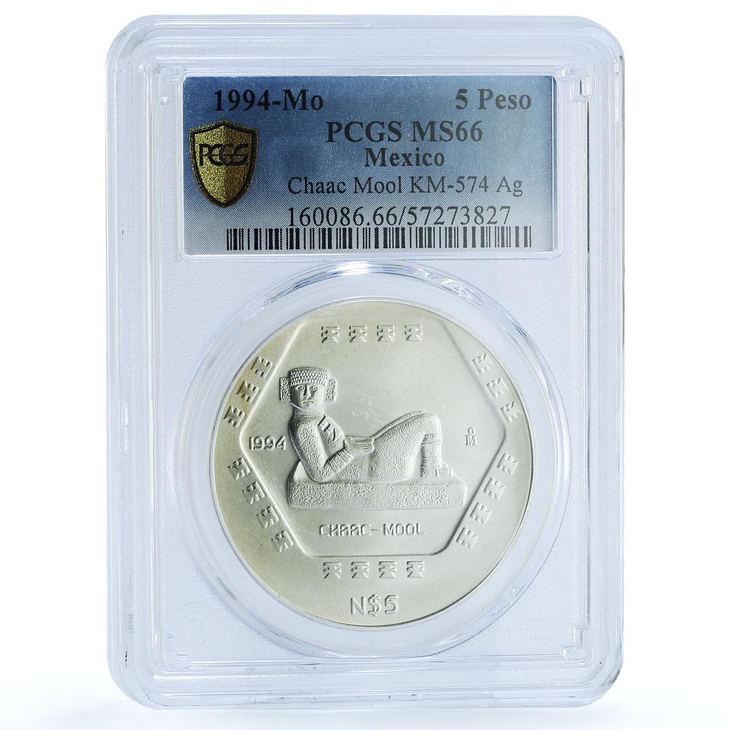 Mexico 5 pesos Chaac Mool KM-574 Precolombina Maya MS 66 PCGS silver coin 1994