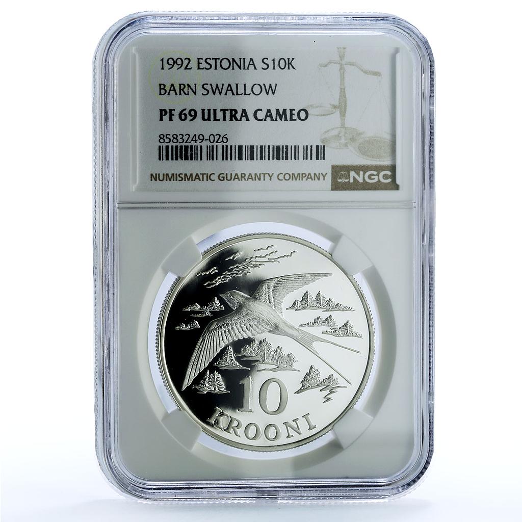 Estonia 10 krooni Barn Swallow KM-26 Bird Fauna PF 69 NGC silver coin 1992 Estonia 10 krooni Barn Swallow KM-26 Bird Fauna PF 69 NGC silver coin 1992