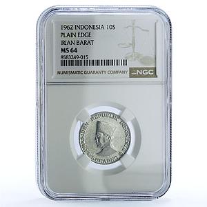 Indonesia 10 sen Irian Barat Sukarno Plain KM-7 MS 64 NGC aluminum coin 1962
