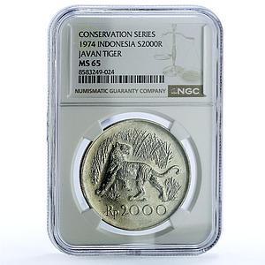Indonesia 2000 rupiah Javan Tiger KM-39 Cat Fauna MS 65 NGC silver coin 1974
