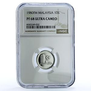 Malaysia 10 sen Parliament House KM-3 Building PF 68 NGC CuNi coin 1980