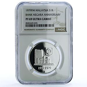 Malaysia 1 ringgit Bank Negara KM-27a Building PF 69 NGC silver coin 1979