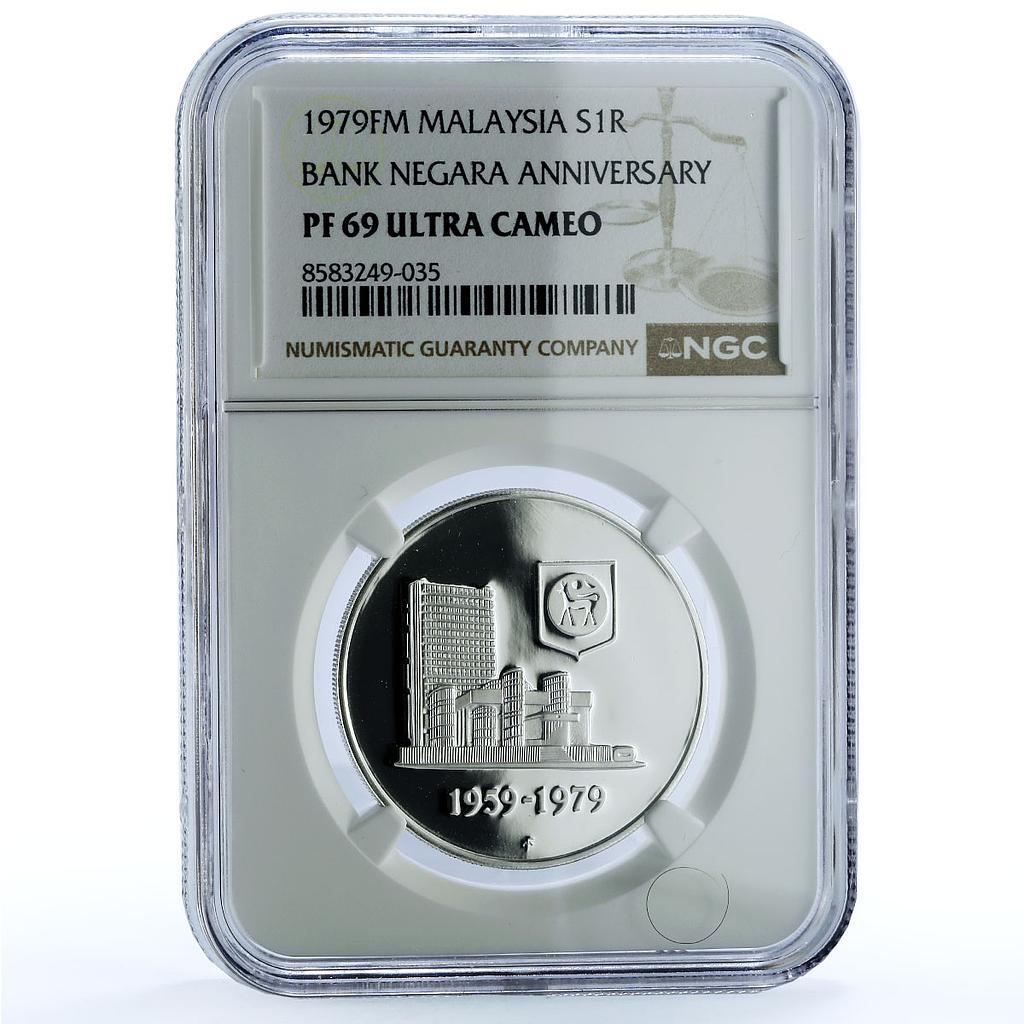Malaysia 1 ringgit Bank Negara KM-27a Building PF 69 NGC silver coin 1979