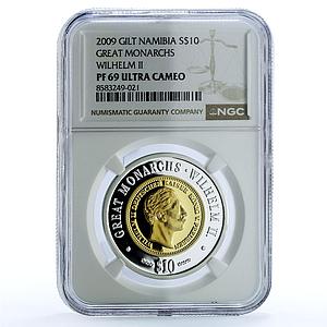 Namibia 10 dollars Wilhelm II Germany KM-35 Monarchs PF 69 NGC silver coin 2009