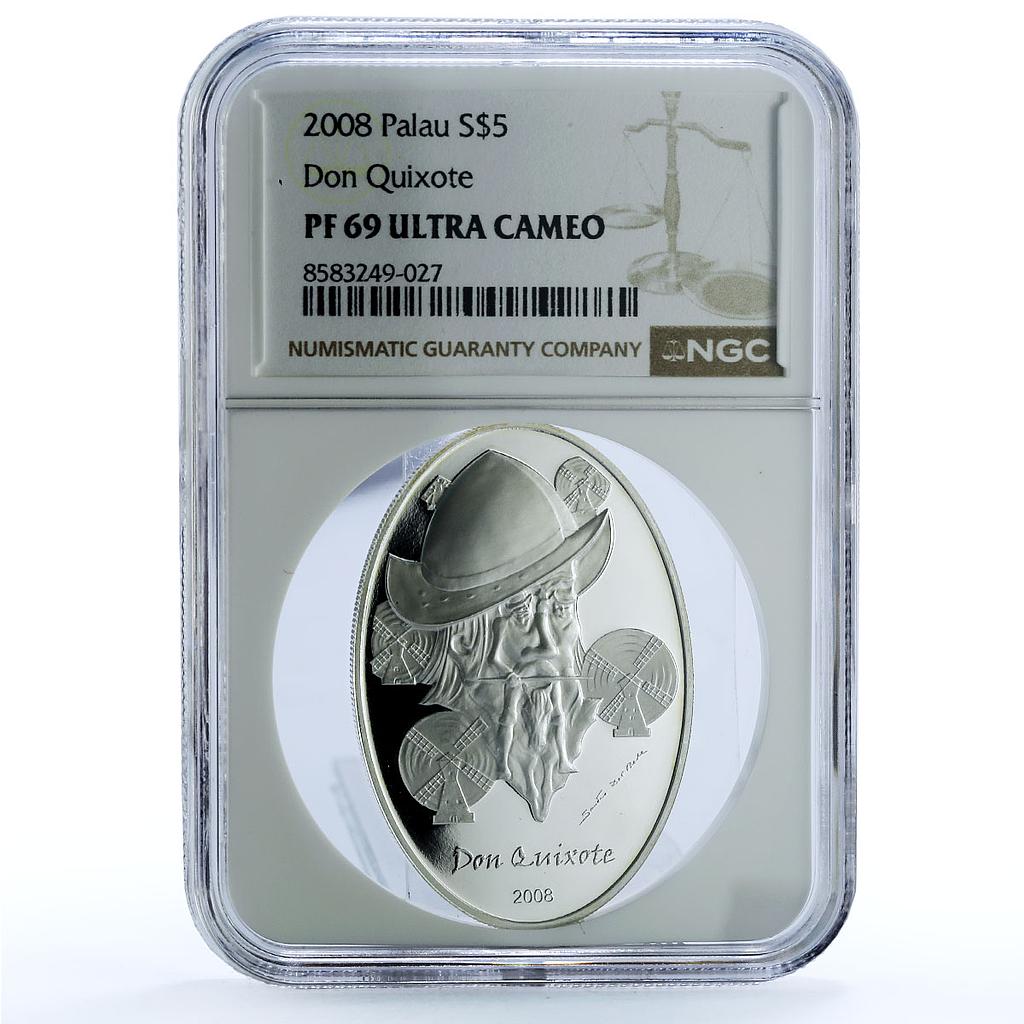 Palau 5 dollars Don Quixote Cervantes KM-168 Literature PF 69 NGC Ag coin 2008 Palau 5 dollars Don Quixote Cervantes KM-168 Literature PF 69 NGC Ag coin 2008