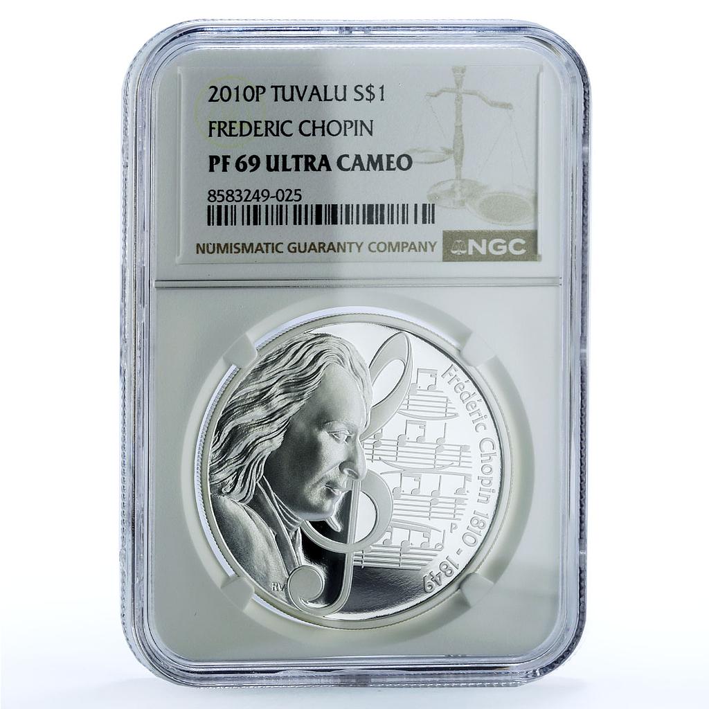 Tuvalu 1 dollar Frederic Chopin KM-123 Composer Music PF 69 NGC sivler coin 2010