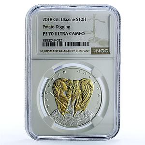 Ukraine 10 hryvnias Digging Potatoes KM-920 Crafts PF 70 NGC silver coin 2018