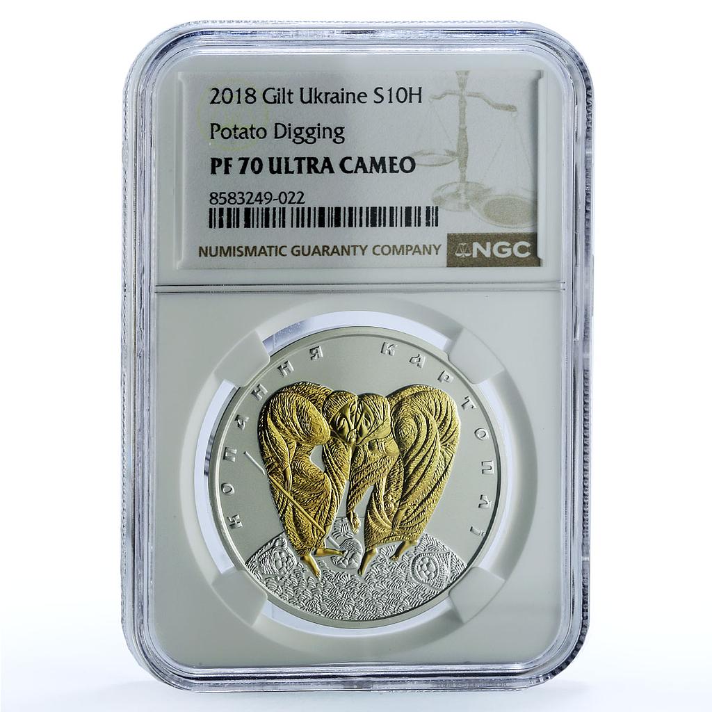 Ukraine 10 hryvnias Digging Potatoes KM-920 Crafts PF 70 NGC silver coin 2018
