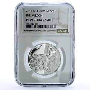 Ukraine 5 hryvnias Auroch Bull KM-875 Momuments Fauna PF 69 NGC silver coin 2017