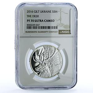 Ukraine 5 hryvnias Deer KM-825 Monuments Fauna PF 70 NGC silver coin 2016