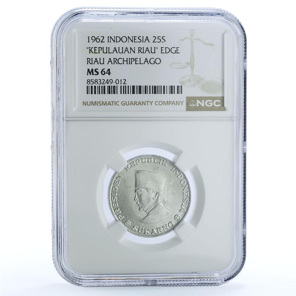 Indonesia 25 sen Kepulauan Riau Sukarno KM-8 MS 64 NGC aluminum coin 1962 Indonesia 25 sen Kepulauan Riau Sukarno KM-8 MS 64 NGC aluminum coin 1962