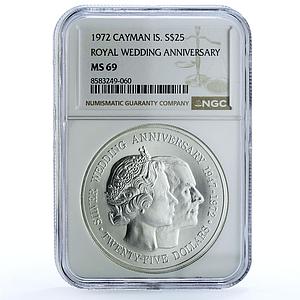 Cayman Islands 25 dollars Wedding Elizabeth II Philip MS 69 NGC silver coin 1972