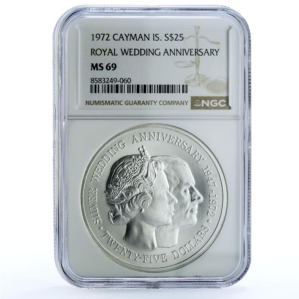 Cayman Islands 25 dollars Wedding Elizabeth II Philip MS 69 NGC silver coin 1972 Cayman Islands 25 dollars Wedding Elizabeth II Philip MS 69 NGC silver coin 1972