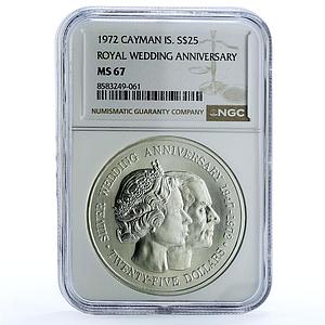 Cayman Islands 25 dollars Wedding Elizabeth II Philip MS 67 NGC silver coin 1972