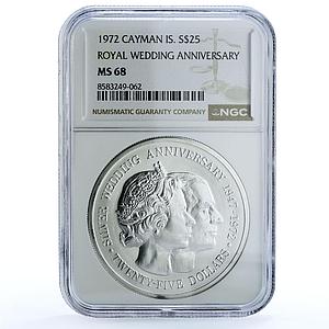 Cayman Islands 25 dollars Wedding Elizabeth II Philip MS 68 NGC silver coin 1972