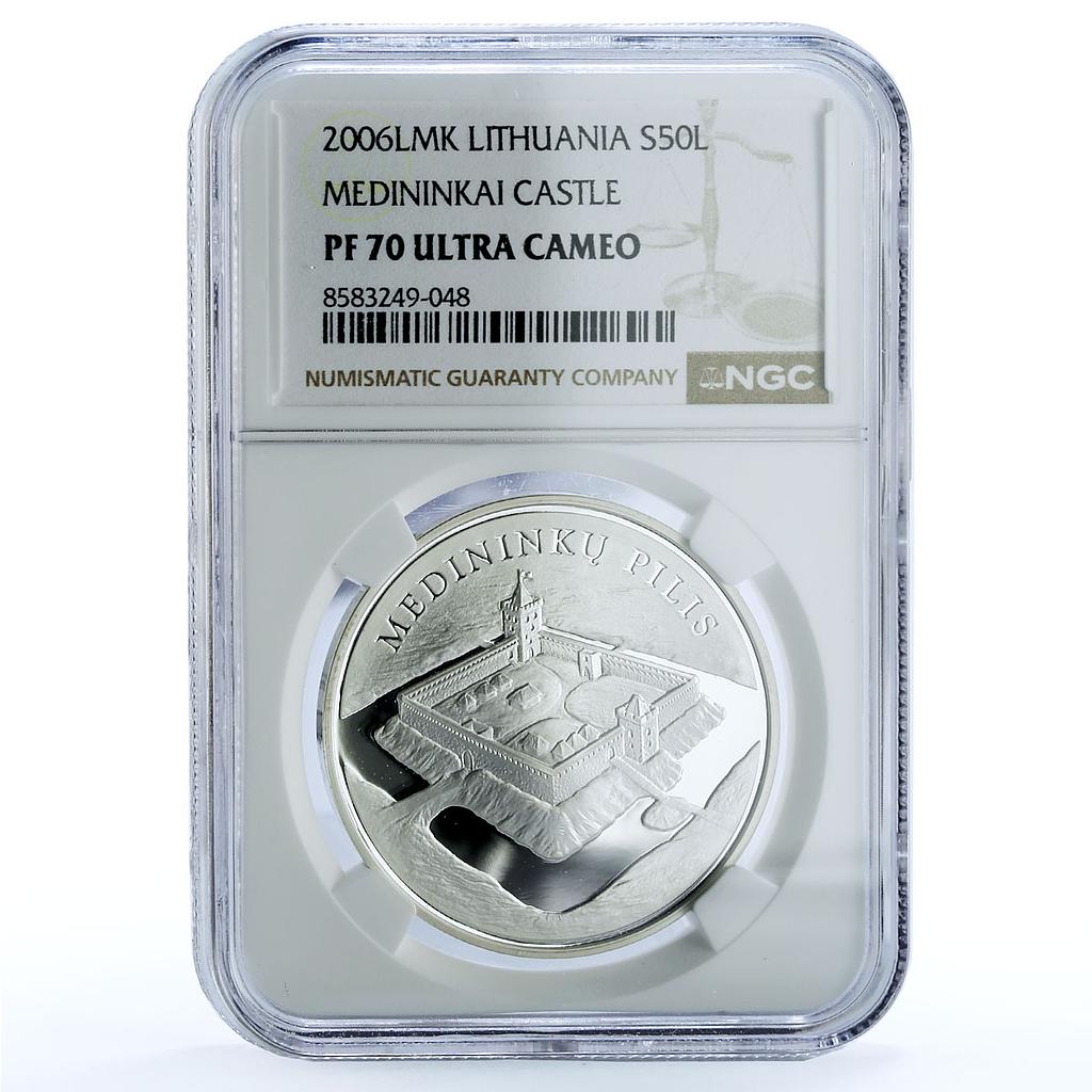 Lithuania 50 litu Medininkai Castle KM-149 Architecture PF 70 NGC Ag coin 2006