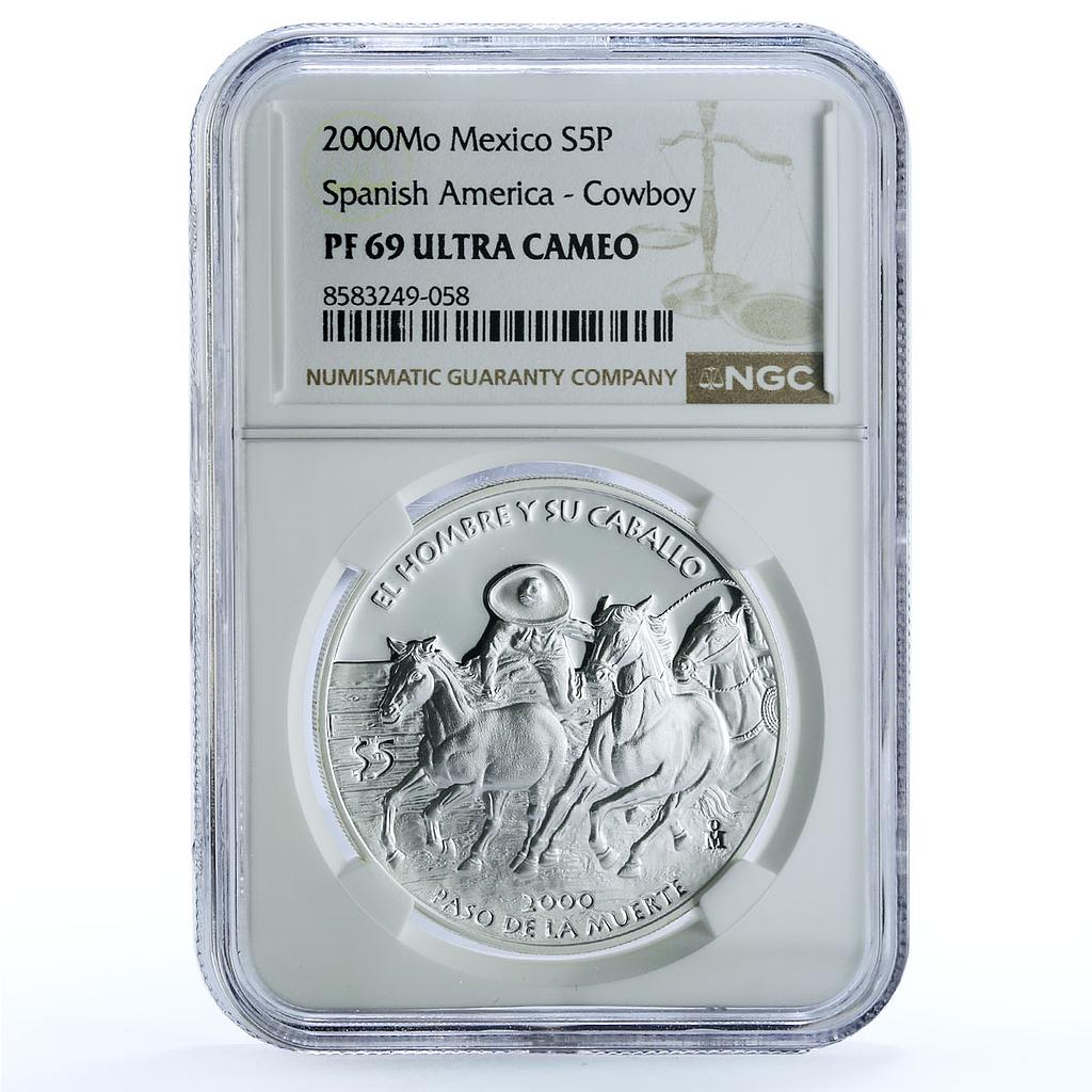Mexico 5 pesos Cowboy KM-670 Ibero-American Horse PF 69 NGC silver coin 2000