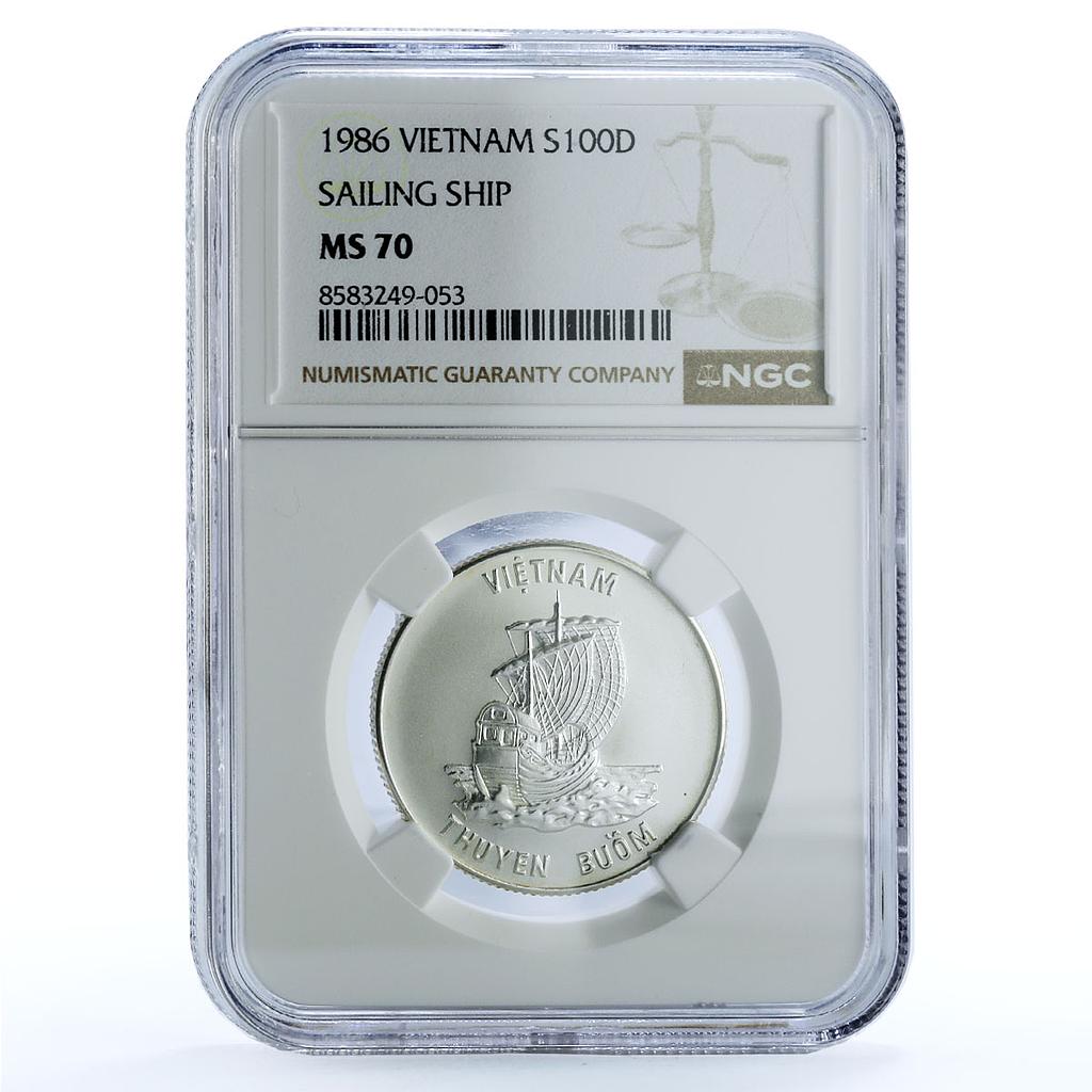 Vietnam 100 dong Junk KM-18 Ship Clipper MS 70 NGC silver coin 1986