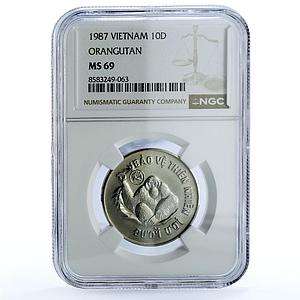 Vietnam 10 dong Orangutan KM-28 Monkey Wildlife Fauna MS 69 NGC CuNi coin 1987