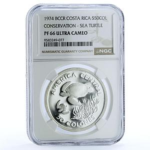 Costa Rica 50 colones Green Turtle KM-200a Fauna PF 66 NGC silver coin 1974