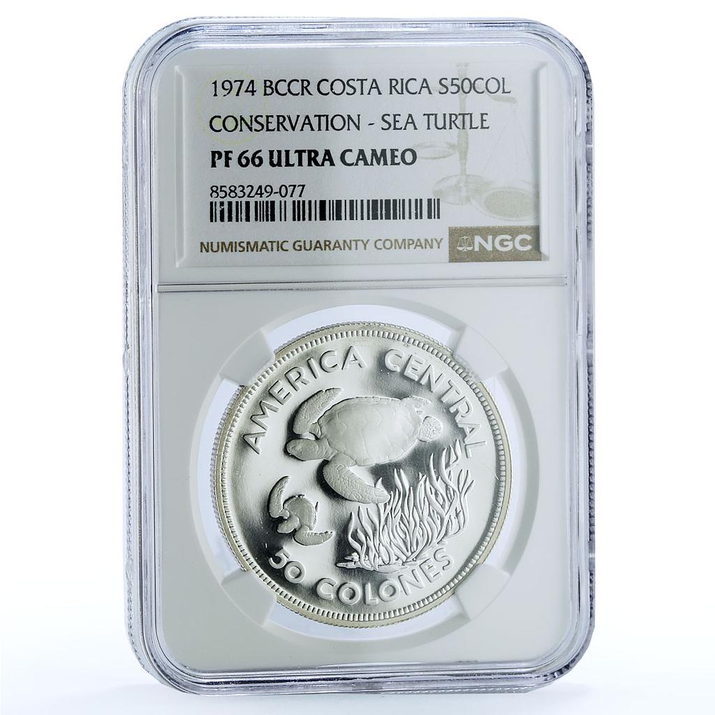 Costa Rica 50 colones Green Turtle KM-200a Fauna PF 66 NGC silver coin 1974 Costa Rica 50 colones Green Turtle KM-200a Fauna PF 66 NGC silver coin 1974