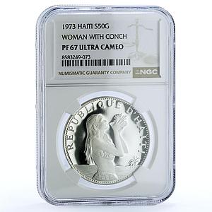 Haiti 50 gourdes Woman with Shell Mark Left KM-104.1 PF 67 NGC silver coin 1973